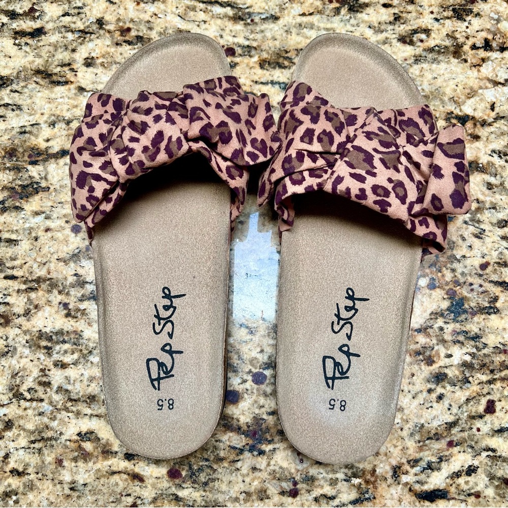 Pep Step Womens Leopard Print Knotted Bow Slide Sandals Brown Tan‎ Size 8.5